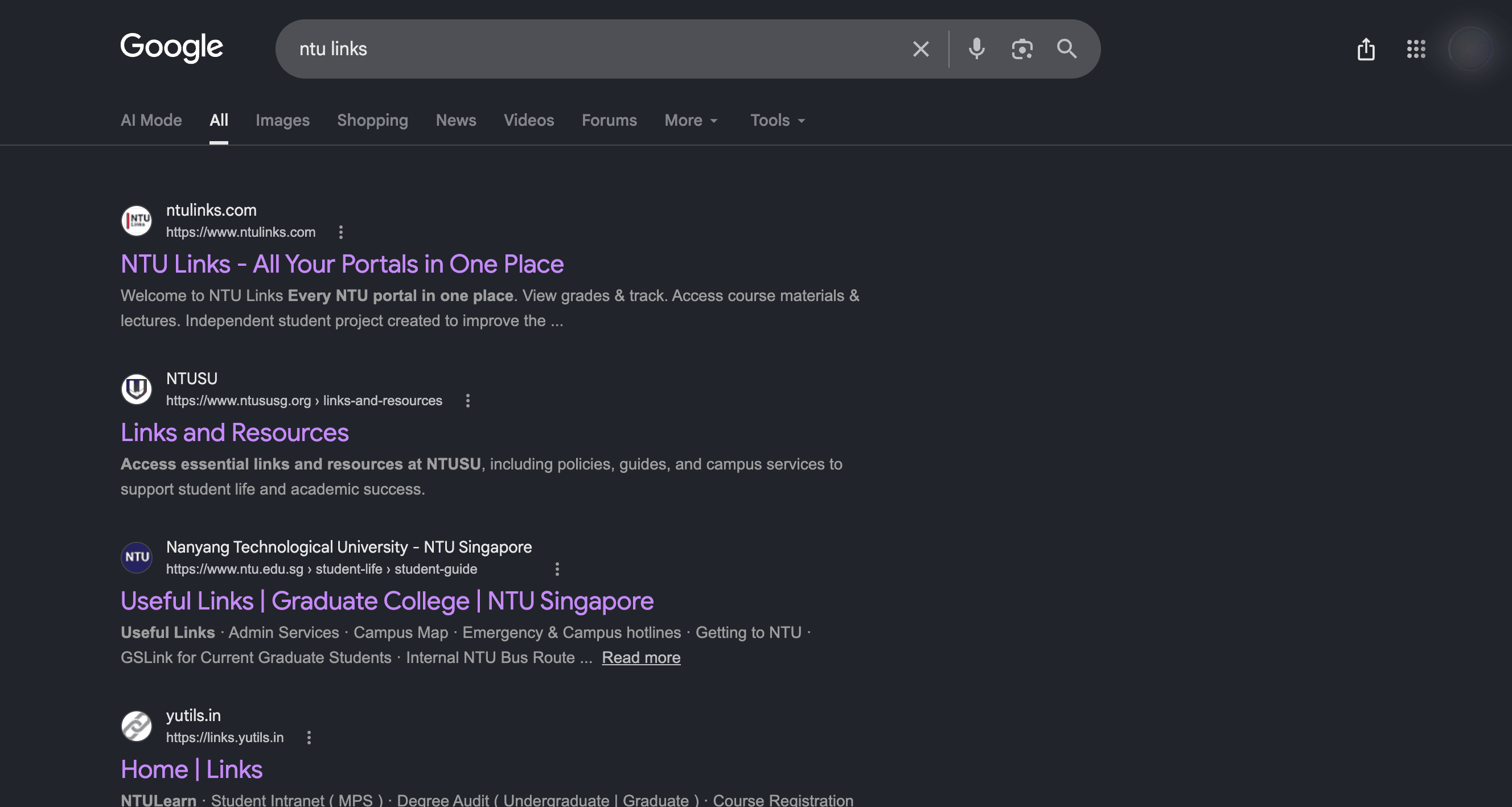 Google search results for ntu links showing NTULinks ranked first above the official NTU page