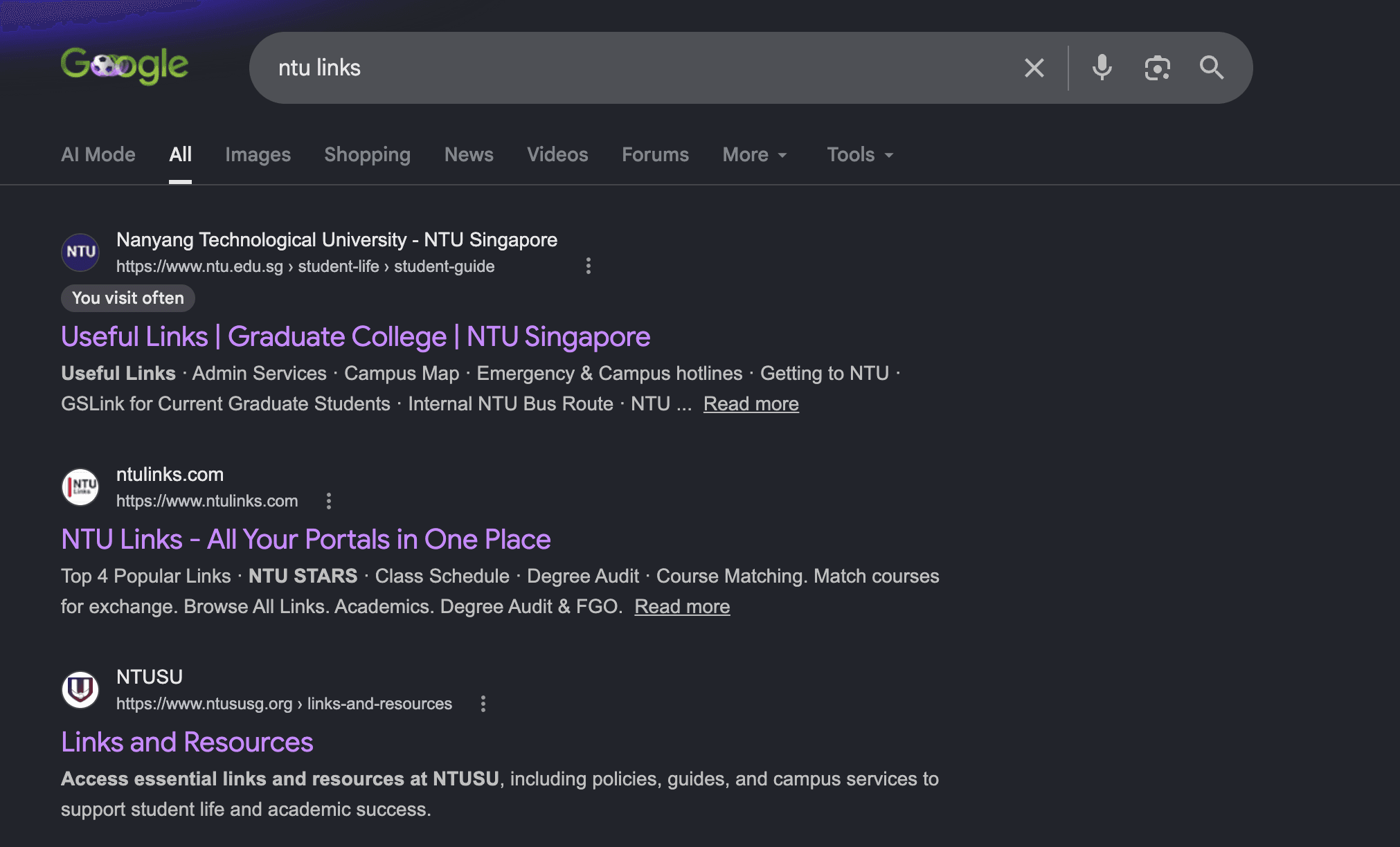 Google search results for ntu links showing NTULinks
