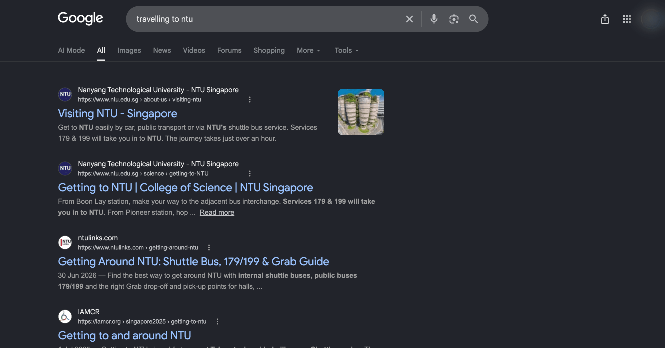 Google search results for travelling to ntu showing the NTULinks guide to getting around NTU