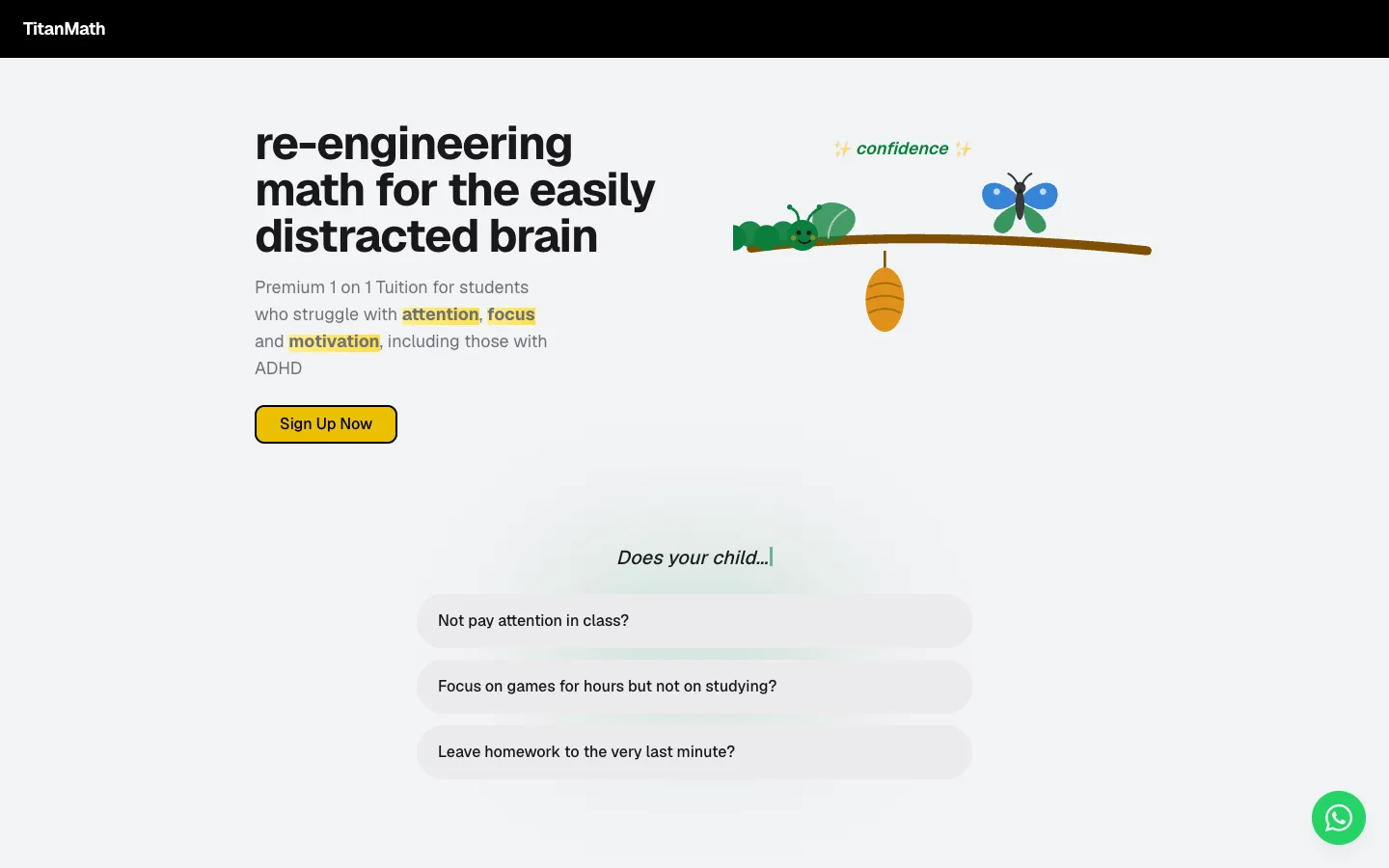 TitanMath desktop homepage introducing one-to-one Math tuition for students who struggle with attention, focus, and motivation
