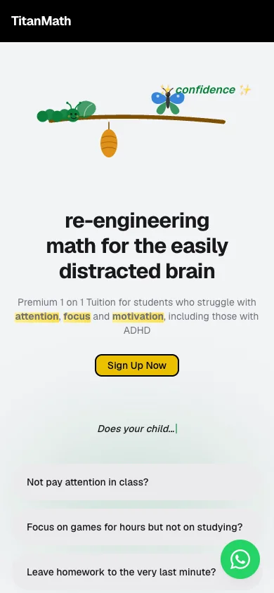 TitanMath mobile homepage with its focus-oriented tutoring offer and student attention prompts